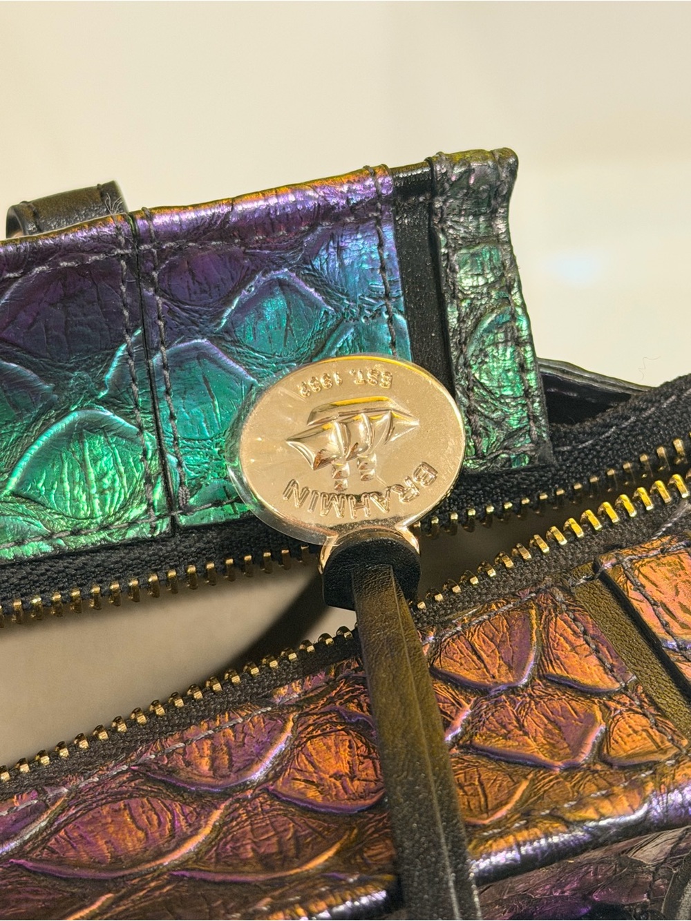 Brahmin Iridescent Rainbow Croc-Embossed Tote with Black Handles - Picture 6 of 7